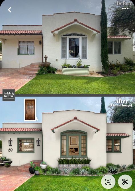 Exterior Paint Spanish Style, White Boho House Exterior, Stucco House Colors Exterior Paint Ideas Spanish, Add Dimension To Flat Front House, Arizona House Colors Exterior, Modern Mediterranean Front Porch, Spanish Mediterranean Exterior, Spanish Home Exterior Colors, Spanish Interior Color Palette