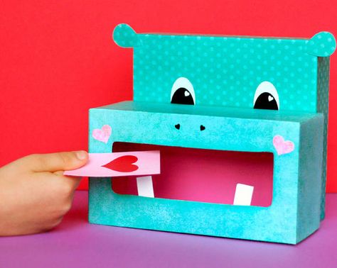 Hippo Valentine Box / Valentines Day | Fiskars Easy Valentines Day Boxes, Girls Valentines Boxes, Valentine Boxes For School, Diy Valentines Box, Kids Valentine Boxes, Pinterest Valentines, Roses Valentine, Valentine Card Box, Valentine Mailbox