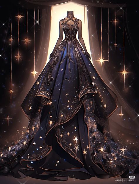 Fantasy Star Outfit, Mascarade Ball Outfit, Cosmic Dress, Space Dresses, Galaxy Dress, Space Dress, Magical Dress, Dress Illustration, Clothing Design Sketches