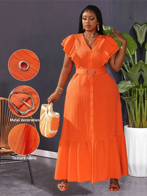 Plus Size Vacation Style Solid Color Ruffles Trim Front Button Dress Burnt Orange Casual  Short Sleeve Woven Fabric Plain A Line Non-Stretch  Women Plus Clothing, size features are:Bust: ,Length: ,Sleeve Length: Front Button Dress, Plus Size Vacation, Casual Chic Outfits, Burnt Orange Dress, Button Front Dress, Color Naranja, Pleated Maxi Dress, Pleated Maxi, Casual Chic Outfit