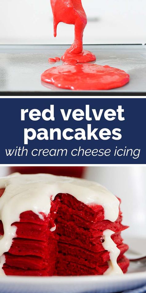 What better way to wake up than with a big stack of these Red Velvet Pancakes with Cream Cheese Icing? Whether for a holiday or a special treat, these red velvet pancakes are light and fluffy and quick to whip up. #recipe #redvelvet #pancakes #breakfast Pancakes With Cream Cheese, Red Velvet Muffins, Pancakes With Cream, Cake Mix Pancakes, Red Velvet Waffles, Red Velvet Desserts, Red Velvet Pancakes, Light And Fluffy Pancakes, Red Desserts