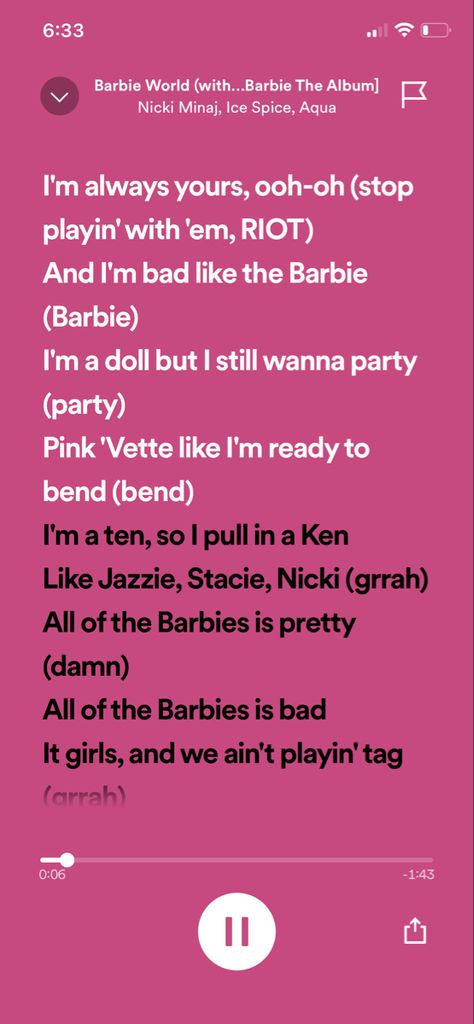 Barbie World Ice Spice, Barbie Songs, Spice Quotes, The Barbie Movie, Nicki Minaj Barbie, Ice Spice, Music Spotify, Spotify Lyrics, Pink Friday