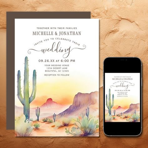 $3.08 | Watercolor Southwestern Desert and Cactus Wedding - rustic, spring summer autumn fall, desert, southwestern southwest western desert, southwestern, southwestern wedding invitation, desert wedding invitation, watercolor southwestern desert wedding, desert cactus modern trendy wedding, script typography print Landscape Wedding, Boho Cactus, Cactus Western, Cactus Wedding, Cactus Desert, Desert Cactus, Desert Landscape, Desert Wedding, Western Boho