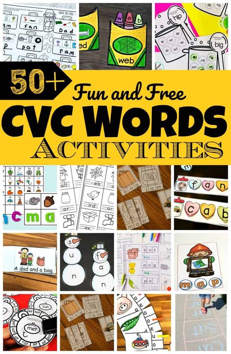 Whether you're teaching preschool, pre k, kindergarten, or first graders, you're bound to be needing tons of ideas for teaching CVC words. We have lots of  creative, and free printable CVC Words Activities to keep kids engaged and having fun learning!  We've included hands-on many cvc word activity ideas, free CVC words worksheets, and CVC words games so as to provide educational activities and learning opportunities all year round! Teaching Cvc Words, Cvc Words Activities, Cvc Worksheets Free, Cvc Worksheets Kindergarten, Free Phonics Activities, Cvc Word Games, Cvc Word Practice, Words Activities, Cvc Worksheets