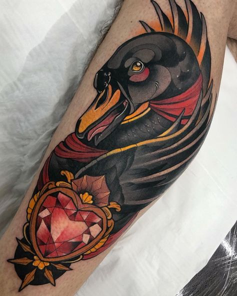 Traditional Tattoo Men, Neo Traditional Tattoo Sleeve, Art Traditional Tattoo, Black Swan Tattoo, Traditional Tattoo Animals, Goose Tattoo, Swan Tattoo, Animal Sleeve Tattoo, Traditional Tattoo Sleeve