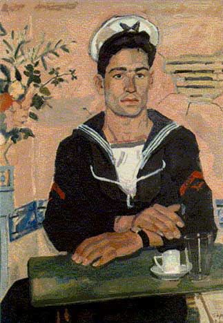 'Meeting' (aka "The Pink Sailor') by Greek painter Yannis Tsarouchis (1910-1989). via Greek Islands Greek Paintings, Queer Art, San Francesco, Art Et Illustration, Greek Art, Caravaggio, Male Portrait, Gay Art, Male Art