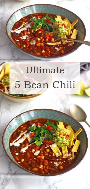 Ultimate 5 Bean Chili Five Bean Chili, Five Bean Chili Recipe, 5 Bean Chili Recipe, Loaded Chili Recipe, Slow Cooker Veggie Chili, 5 Bean Chili, Easy Veggie Chili, Three Bean Chili Recipe, Easy Vegetarian Chili Recipe