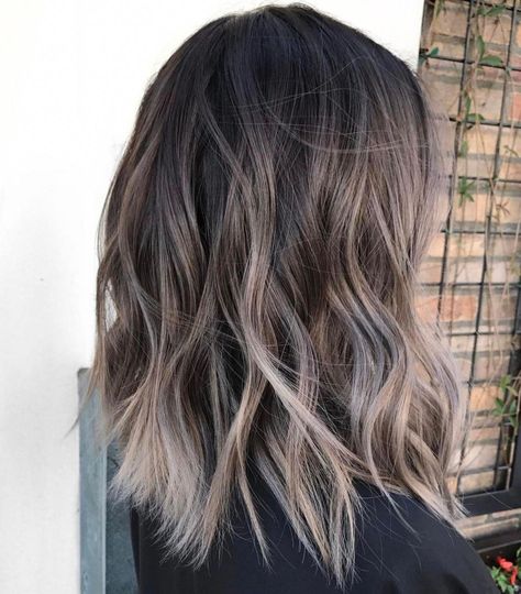 Cool Toned Brunette Hair with Ash Balayage #balayagehairblonde How To Bayalage Hair, Ash Balayage, Silver Ombre Hair, Silver Hair Highlights, Natural Brown Hair, Inverted Long Bob, Rambut Brunette, Ash Brown Hair, White Highlights