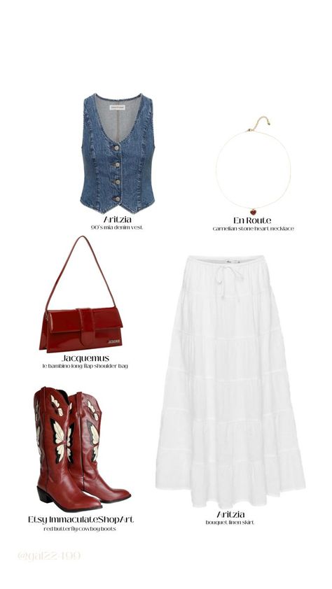 red cowboy boots outfit Country Wife Outfit, White Skirt And Denim Vest, Rodeo Skirt Outfit, Red Clay Strays Concert Outfit, Long Skirt Country Outfit, Zach Bryan Concert Outfit Fall, Long Red Skirt Outfit Summer, White Maxi Skirt Cowboy Boots, Cowboy Boots Maxi Skirt