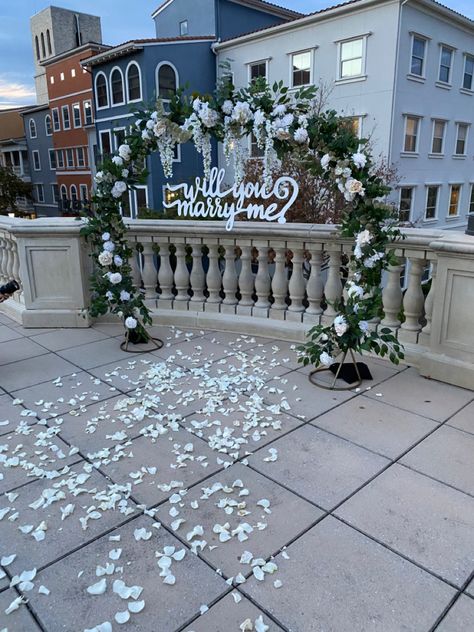 Custom-made artificial floral arch with MDF “Will you marry me?” sign for marriage proposal. Marriage Proposal Backdrop, Heart Arch Proposal, Marry Me Marquee Letters Proposal, Will You Marry Me Sign, Will You Marry Me Led Sign, Proposal Signs Marry Me Diy, Marry Me Sign, Birthday Dream, Staging Decor