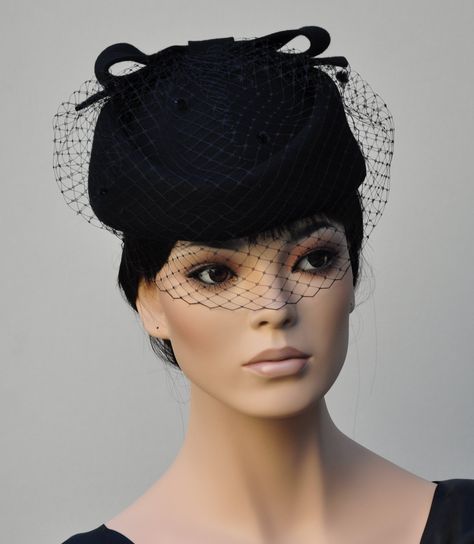 Women's Black Pillbox Hat, Black Felt Veil Hat, Church Hat, Ladies Black Hat, Formal Winter Hat, Funeral Hat, Jackie O Pillbox Hat, Audrey Hepburn Hat, Hat Veil, Hat With Veil, Classy Hats, Dressy Hats, Veiled Hats, Hat Aesthetic, Occasion Hats, Elegant Hats