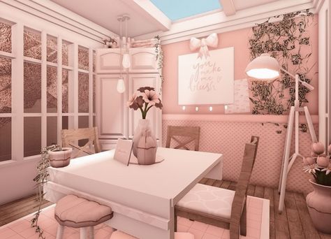 Blush Dining Room Bloxburg, Bloxburg Dining Room, Pink Dining Rooms, Roblox House, Cozy Desk, Bloxburg Builds, Roblox Code, Simple Bedroom Design, Decal Codes