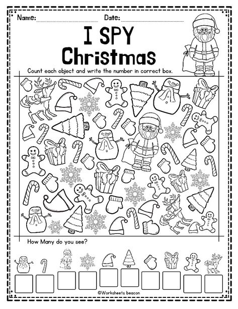 I spy is a fun activity for students during the Christmas season! Students will enjoy finding the Christmas-themed pictures and counting them up to see if they “spied” them all. (Answer key included) Christmas Find The Difference, Christmas Spot The Difference Printable, Kindergarten Christmas Worksheets, I Spy Christmas Printable, Numbers 1 10 Printable, I Spy Christmas Printables For Kids Free, Winter I Spy, I Spy Christmas, Christmas I Spy