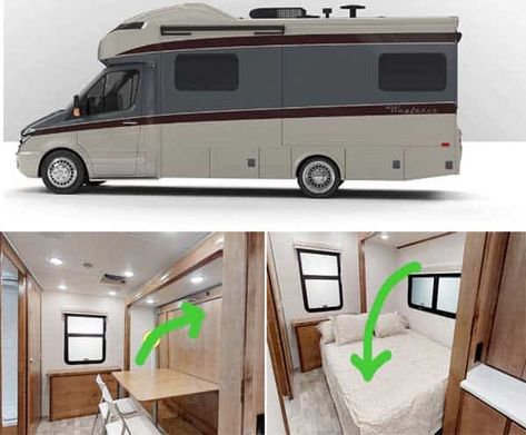 10 Amazing RVs With Murphy Beds You Need To See (With Pictures) – GoDownsize.com Class C Campers, Rvs Interior, Campervan Bed, Outdoor Camping Kitchen, Van Bed, Coachmen Rv, Camper Hacks, Van Life Diy, Small Trucks