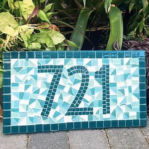 Aqua Beach, Mosaic Art Projects, Personalized Housewarming Gifts, Mosaic House, Green Street, House Number Sign, Turquoise Background, Unique Color Combinations, Shades Of Teal