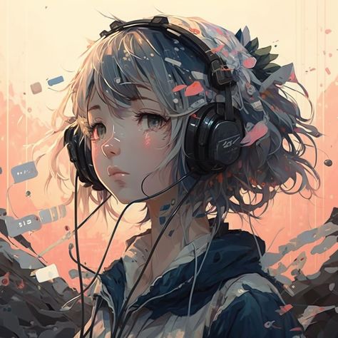 Character With Headphones Drawing, Headphones Anime Pfp, Anime Wearing Headphones, Person Wearing Headphones Drawing, Headphone Reference, Manga Headphones, Girl With Headphones Drawing, Headphone Drawing, Headphone Illustration