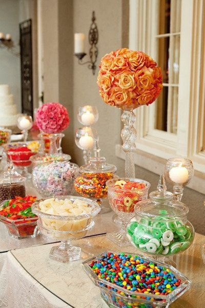 It's my dinning room table Wedding Candy Bar Ideas, Wedding Candy Bar, Bouquet Centerpiece, Sweets Bar, Candy Buffet Wedding, Flower Balls, Candy Ideas, Candy Buffet Tables, Candy Bar Wedding