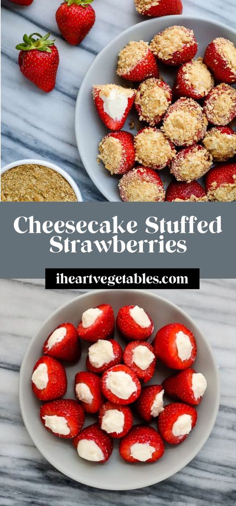 These cheesecake stuffed strawberries are a delicious treat! Juicy berries filled with sweet cream cheese and a sprinkle of graham cracker crumbs make the perfect bite-sized dessert! Strawberry Cream Cheese Bites, Stuffed Strawberries With Cream Cheese, Things To Bake Desserts, Strawberry Cream Cheese Dessert, Cream Cheese Strawberries, Cream Cheese Desserts Easy, Graham Cracker Dessert, Cream Cheese Recipes Dessert, Cheesecake Stuffed Strawberries