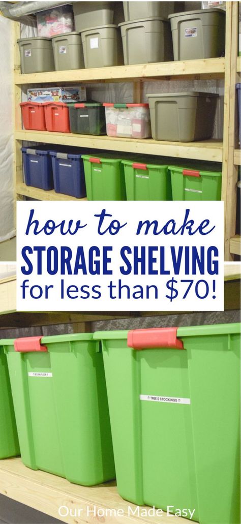 Basement Storage Shelves, Storage Bin Shelves, Storage Hacks Diy, Diy Storage Shelves, Room Storage Diy, Diy Basement, Storage Tubs, Basement Storage, Storage Shelving