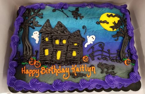 Halloween themed birthday cake Halloween Themed Sheet Cakes, Halloween Sheet Cake Ideas, Halloween Bday Cakes, Halloween Sheet Cake, Halloween Theme Cake, Halloween Party Cake, Haunted House Cake, Halloween Birthday Cakes, Halloween Cake Decorating