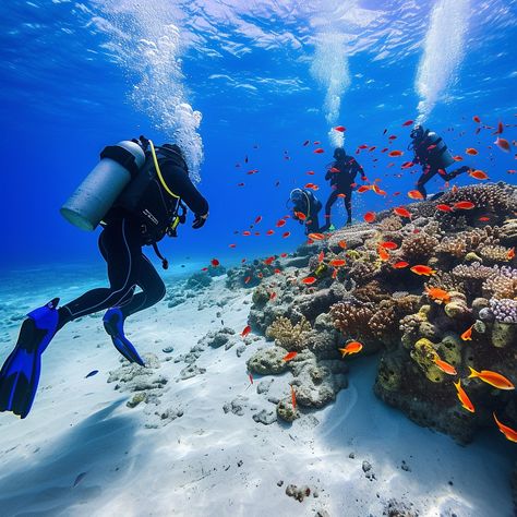 Underwater Diving Adventure: Scuba divers exploring the vibrant underwater world, surrounded by colorful fish and healthy coral reefs. #scuba #diving #underwater #reef #fish #aiart #aiphoto #stockcake ⬇️ Download and 📝 Prompt 👉 https://ayr.app/l/AUom Diving Red Sea, Underwater Reef, Diving Underwater, Scuba Diving Photography, Diving Photography, Underwater Diving, Reef Fish, Coral Reefs, Marine Biology