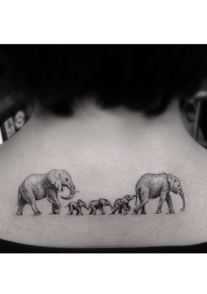 You have to be on a waitlist to get one of these stunning tattoos Linear Tattoos, Elephant Family Tattoo, Dr Woo, Elephant Tattoo Design, Geniale Tattoos, Family Tattoo, Gorgeous Tattoos, Elephant Tattoo, Geometric Tattoos