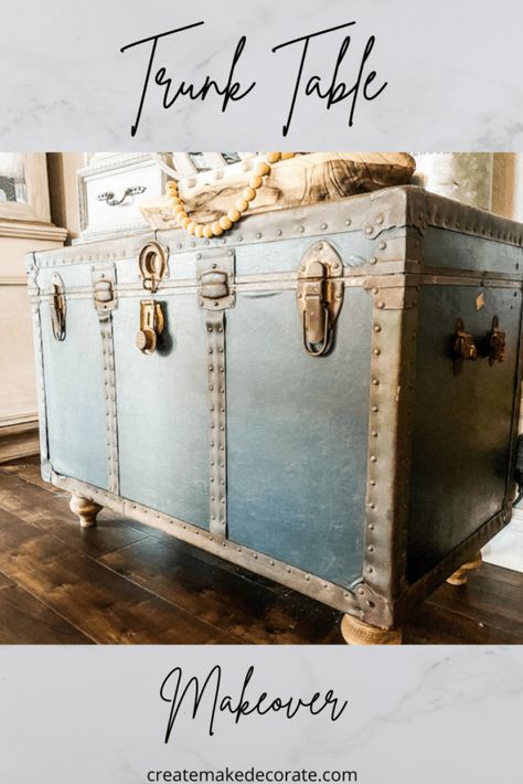 Trunk Chest Makeover, Old Trunk Redo Diy, Painting A Trunk Chest, Metal Trunks Makeover, Steamer Trunk Makeover Ideas, Storage Trunk Makeover, Refinish Old Trunk, Diy Old Trunk Makeover, Steam Trunk Makeover