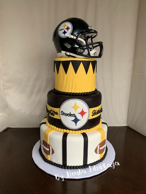 Pittsburgh Steelers 3-tier 60th birthday cake Steelers Happy Birthday, Pittsburgh Steelers Cake, Steelers Cake, Football Desserts, Steelers Gifts, Steelers Girl, Go Steelers, Sport Cakes, 60th Birthday Cakes