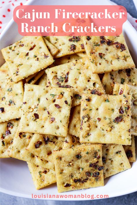 Cajun Firecracker Ranch Crackers are crispy baked saltines packed with flavor. They're easy to make and great as a snack, appetizer, or served with soup and salad. Oh, yeah, and with a link of hot boudin, too. Smack! Saltine Cracker Recipes, Classic Cajun Recipes, Ranch Crackers, Cracker Flavors, Seasoned Crackers, Louisiana Woman, Awesome Appetizers, Cajun Creole Recipes, Tasty Meat