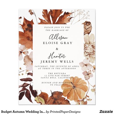 Budget Autumn Wedding Invitation Flyer Wedding Invitation Flyer, Autumn Invitations, Frame Flower, Budget Wedding Invitations, Invitation Flyer, Wedding Themes Fall, Themed Wedding Invitations, Fall Wedding Invitations, Invitation Wedding