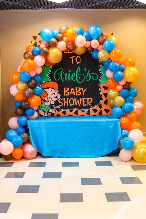 Flintstone Gender Reveal, Flinstone Baby Shower Ideas, Flintstones Baby Shower Theme, Flinstones Baby Shower Ideas, Cartoon Baby Shower Theme, Flinstones Party, Baby Shower Mum, Baby Shower Party Themes, Twin Birthday Parties