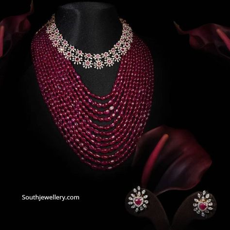 18k gold diamond ruby necklace paired with matching studs and multi layered ruby beads haram by Mangatrai Pearls And Jewellers, Jubilee Hills at 36. Piroi Jewellery, Neck Pics, Diamond Ruby Necklace, Ruby Necklace Set, Beads Haram, Jewellery Styling, Beaded Wedding Jewelry, Big Diamonds, Cz Jewellery