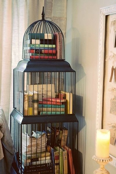 Put them in a birdcage. | 35 Things To Do With All Those Books (It'd have to be way more organized than this, but I like the idea.) Bedroom Makeover Before And After, Bird Cage Decor, Geek Decor, Beautiful Bird, Romantic Homes, Book Storage, Bird Cages, Home Library, Book Nooks