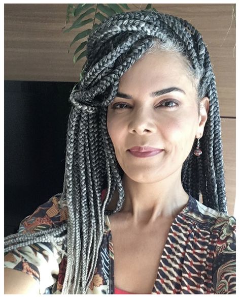 Grey Box Braids Silver, Gray Braids For Black Women, Grey Box Braids Silver Black Women, Grey Hair Braids Black Women, Gray Braids For Black Women Silver Hair, Grey Box Braids, Grey Hair Braids, Grey Hair Don't Care, Short Box Braids Hairstyles