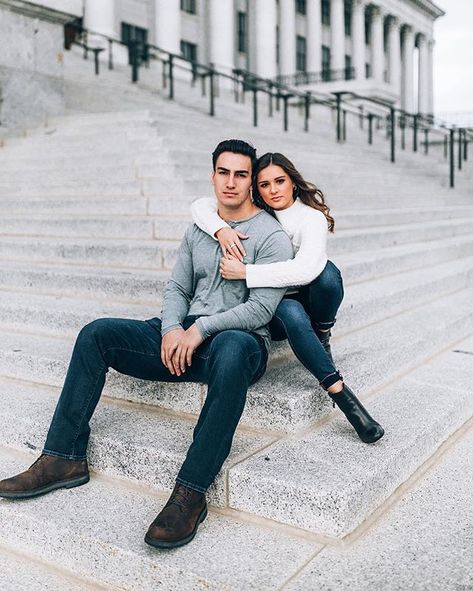 Capitol couple photo shoot SLC / Salt Lake City. Stairs couples pose idea. @dukemoose Pictures On Stairs, City Stairs, Vibe Photoshoot, Nursing Pictures, Couples Pose, Couples Weekend, Couples Outfit, Photoshoot Pose, Happy Couples