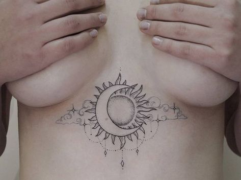 Sternum Tattoos, Moon Sun Tattoo, Tattoos Pinterest, Tattoo Moon, Sun And Moon Tattoo, Underboob Tattoo, Moon Tattoo Designs, 4 Tattoo, Sun Tattoos