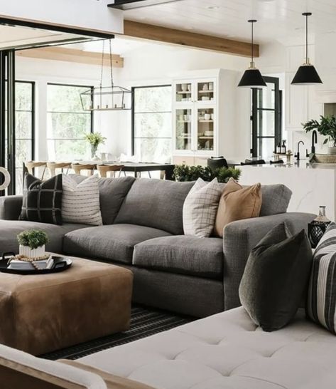 Family Room With Charcoal Sectional, Family Room Gray Couch, Gray Sectional Couch Living Room Ideas, Dark Neutral Living Room Cozy, Black And White Kitchen Living Room, Gray Couch Family Room, Pewter Couch Living Rooms, Masculine Coastal Decor, Living Room With Dark Gray Couch