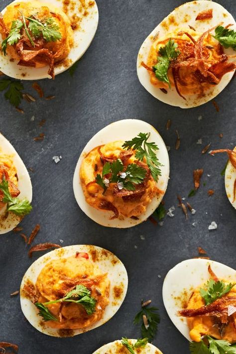 Harissa Deviled Eggs Easy Recipes To Impress, Appetizers Easy Recipes, Cheese Ball Bites, Tasty Appetizers, Grape Jelly Meatballs, Toasted Ravioli, Crostini Recipes, Make Ahead Appetizers, Gluten Free Appetizers