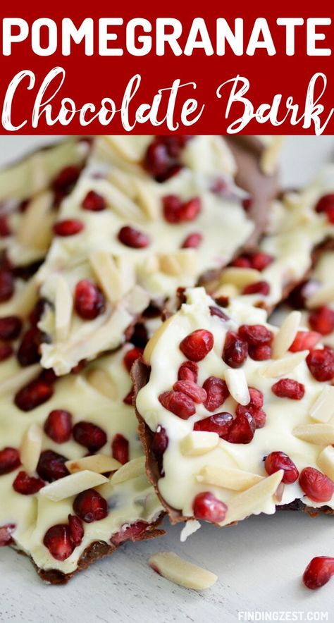 Chocolate Bark is a classic dessert but is made extra special in this pomegranate bark recipe! Fresh pomegranate and slivered almonds are combined with milk chocolate and white chocolate to create an amazing holiday treat! #chocolate #pomegranate #chocolaterecipes #chocolatebark #holidaycandy #christmas #christmasbaking Pomegranate Bark, Pomegranate Chocolate, Candy Bark Recipes, Chocolate Pomegranate, White Chocolate Desserts, Pomegranate Recipes, Best Christmas Desserts, Almond Chocolate, Party Food Dessert