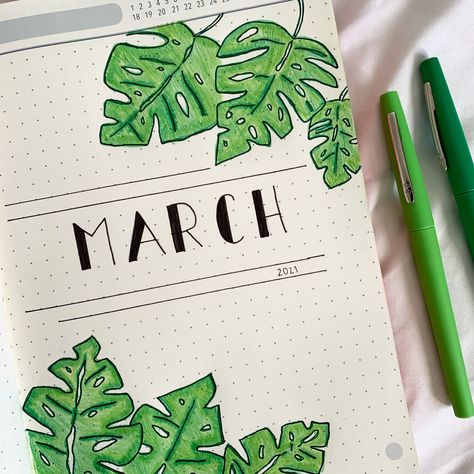 March Scrapbook Ideas, March Bujo Cover Page, March Reading Journal, Boulet Journal March, March Journal Ideas, March Bujo Cover, March Calendar Ideas, March Font, Bullet Journal Leaves