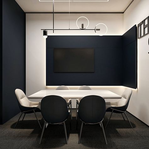 LIGHT. on Behance Black Conference Room, Small Corporate Office Design, Black And White Office Ideas, Office Interior Design Workspaces, Dark Modern Interior, White Office Space, Office Color Palette, Meeting Room Design Office, Coworking Design