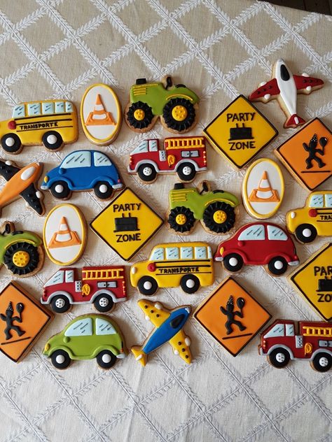 Transportation Cookies Birthday Parties, Transportation Birthday Cookies, Transportation Cookies Decorated, Transportation Party Theme, Transportation Cakes For Boys, Vehicle Themed Birthday Party, Transportation Theme Birthday Party, Transportation Birthday Theme, Transportation Cookies