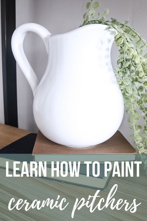 Learn how to paint ceramic pitchers so you can make DIY farmhouse style decor on a budget! This tutorial is super easy to follow! #paint #pitcher #farmhouse #homedecor Ceramic Pitchers, Farmhouse Pitchers, Thrift Store Upcycle, Thrift Store Makeover, Thrift Store Diy, Paint Ceramic, Thrift Store Decor, Thrift Store Furniture, White Pitcher