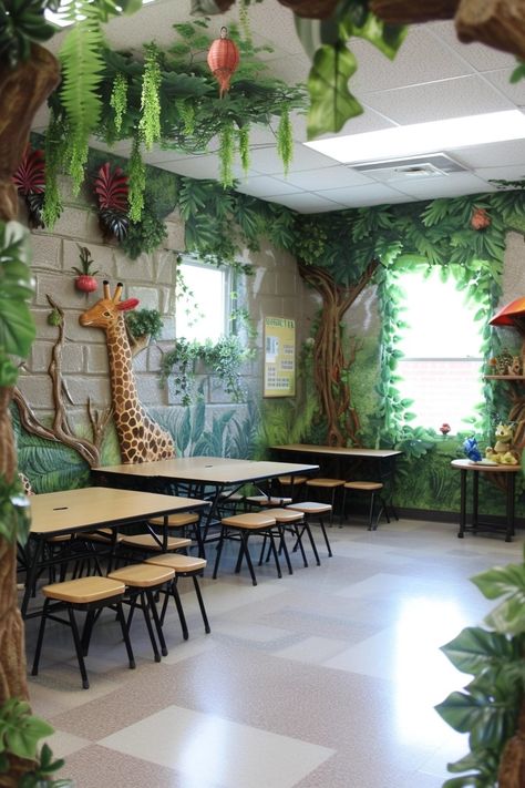 30 Captivating Classroom Themes for Elementary Schools Fantasy Themed Classroom, Grasslands Biome, Jungle Classroom Theme, Nature Themed Classroom, Castle Classroom, Jungle Theme Classroom Decorations, Rainforest Classroom, Jungle Vbs, Nature Classroom