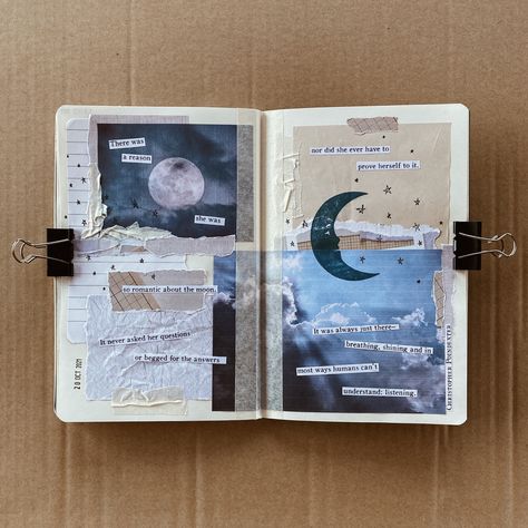 moon themed scrapbook spread Space Scrapbook Ideas, Scrapbook Ideas Space Theme, Astronomy Scrapbook, Space Theme Journal Page, Moon Scrapbook, Chapbook Design, Space Journal, Cryptidcore Aesthetic, Stationary Aesthetic