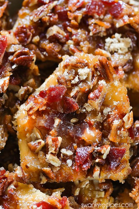 Bacon Up Recipes, Maple Caramel Bacon Bites, Maple Bacon Bars, Recipes Using Bacon Bits, Maple Bacon Crackers, Crumbled Bacon Recipes, Baking With Bacon, Bacon Ends Recipes, Recipes For Bacon