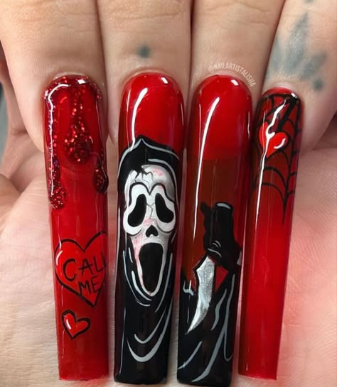 Michael Myers Acrylic Nails, Crazy Fun Nail Designs, Extreme Halloween Nails, Cat Claw Nails, Halloween Nails Designs, Iris Nails, Nail Glow, Fur Nails, Character Nails