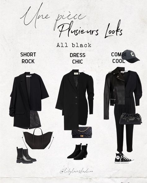 French Capsule Wardrobe, Black Mood, Wardrobe Organisation, Wardrobe Sets, Packing Clothes, Cool Rocks, Rock Chic, French Fashion, Black Shorts