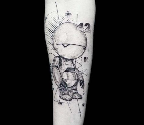 Marvin android tattoo by Emrah Ozhan Android Tattoo, Robot Tattoo, 42 Tattoo, Astronaut Tattoo, Paranoid Android, Hitchhiker's Guide To The Galaxy, Circle Tattoos, Galaxy Tattoo, Hitchhikers Guide To The Galaxy