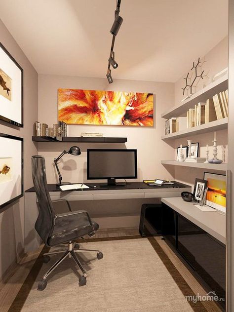 One fiery decor is all it takes to bring home office to life. Basement Office, Tiny Office, Small Space Office, Small Home Offices, Desk Computer, Office Layout, 아파트 인테리어, Bureau Design, Small Home Office